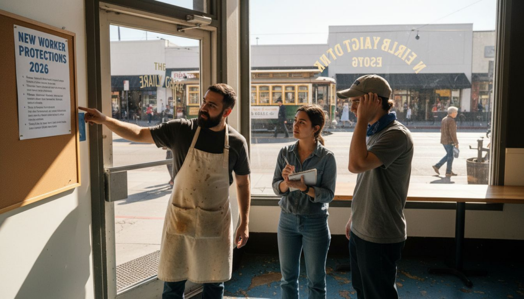 Trabajadores leyendo las notificaciones escritas de las nuevas leyes de empleo de California