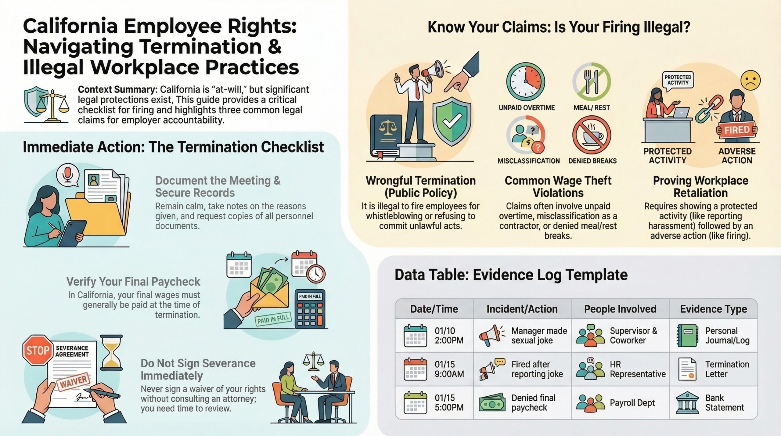 California employee rights infographic covering termination checklist, illegal firing claims, and evidence log template